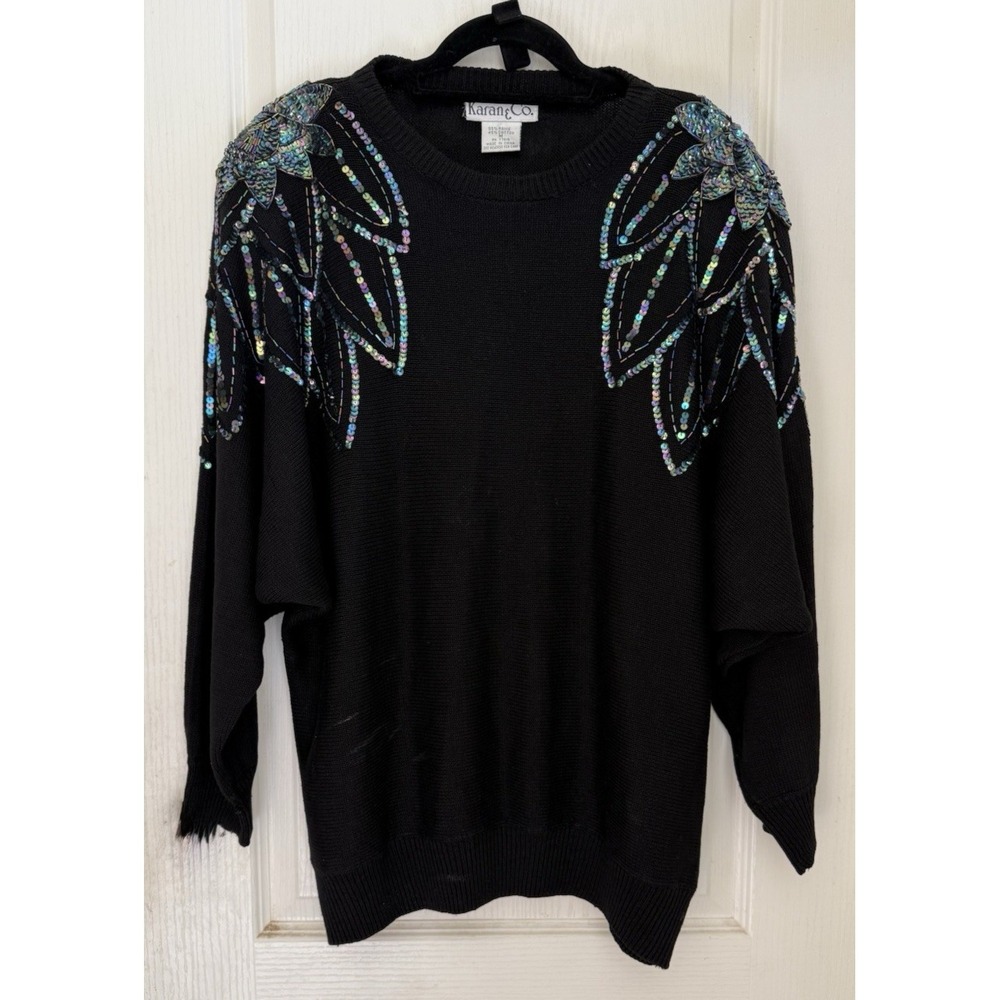 VTG Karan & Co Sequin Embellished Oversized Knit Sweater Ramie Womens Medium